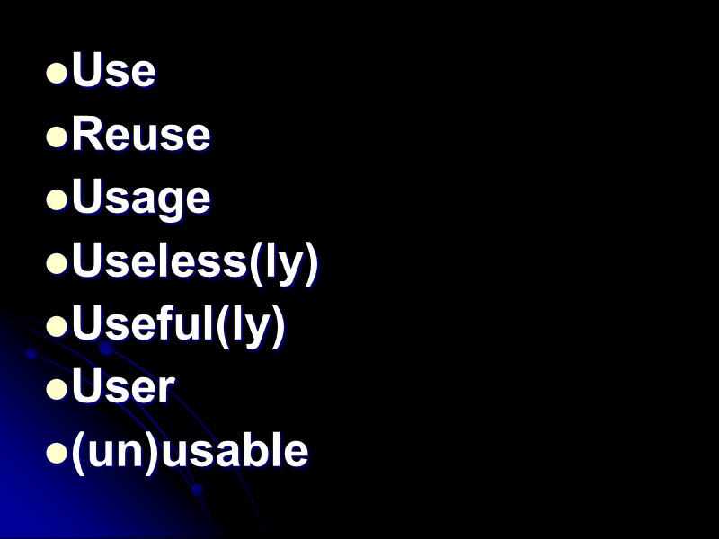 Use Reuse Usage Useless(ly) Useful(ly) User (un)usable